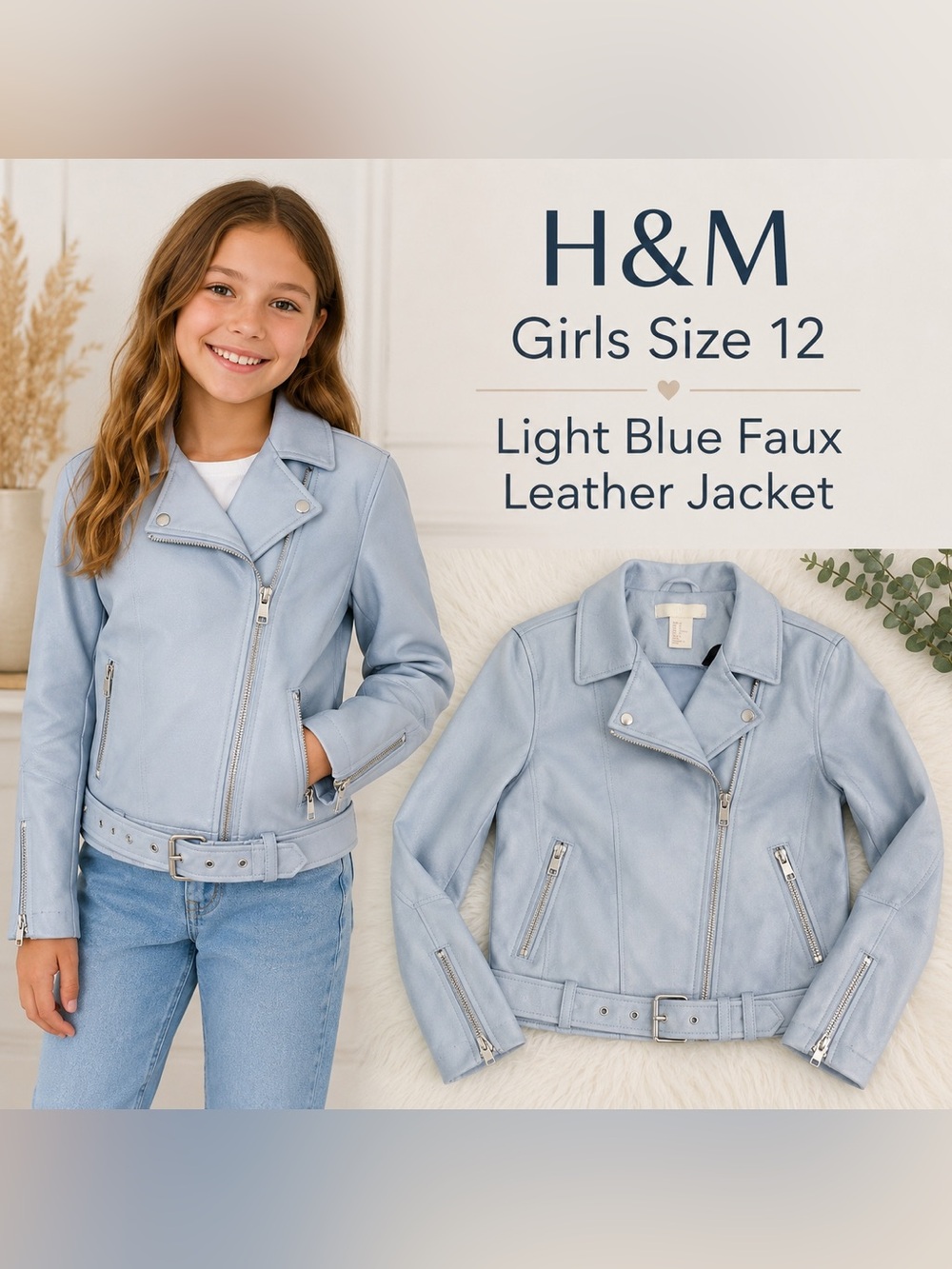 H&M Girls Size 12 Light Blue Faux Leather Moto Biker Jacket Belted